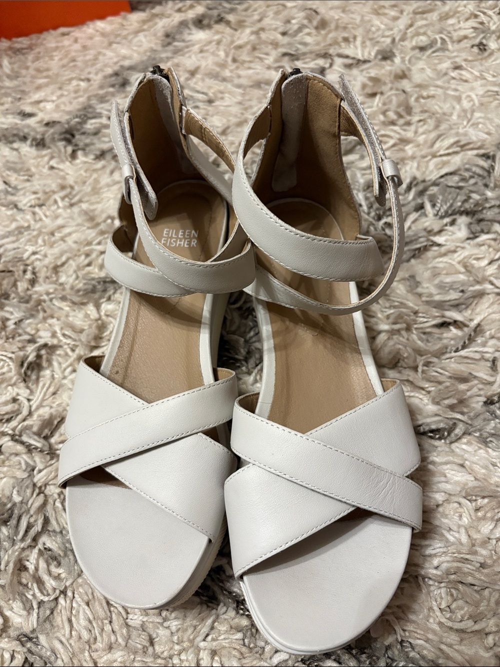 Eileen Fisher Ivory/Light Grey Sally Leather Crisscross Ankle-Strap Sandals 9.5